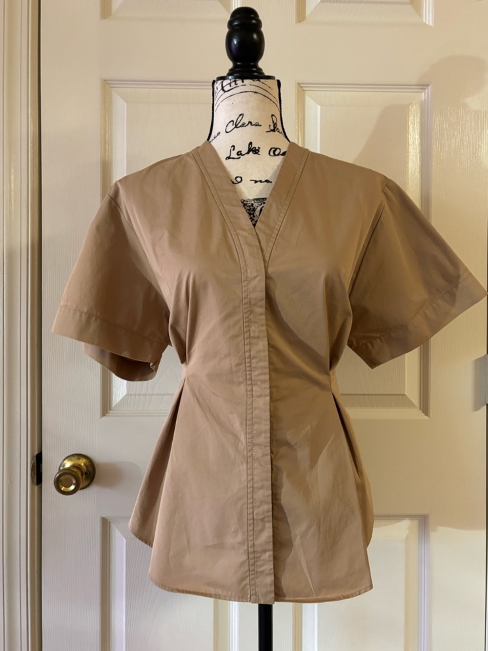 Sandro Beige V-Neck Short Sleeve Cotton Blouse, Size S - Picture 2 of 9